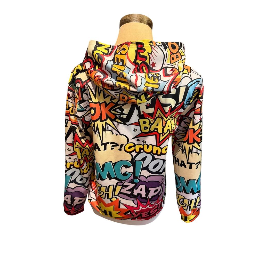 Comic Pop Art Graphic Hoodie – Multicolor “WOW / ZAP / YES / OK” – Size 13-14Y